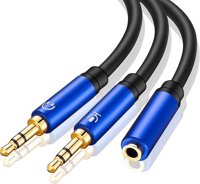 Tan QY Headphone Splitter 1Ft, 3.5mm Female to 2 Dual 3.5mm Male Headphone Mic Audio Y Splitter Cable Smartphone Headset to PC Adapter (1Ft/0.3M, Blue)