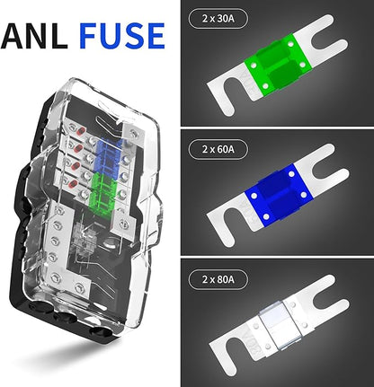 Fused Power Distribution Block Car Audio Fused Distribution Block 12V 0/4 Gauge 4 Way MIDI (Mini-ANL) Fuse Block for Auto Boat UTV Stereo Amp