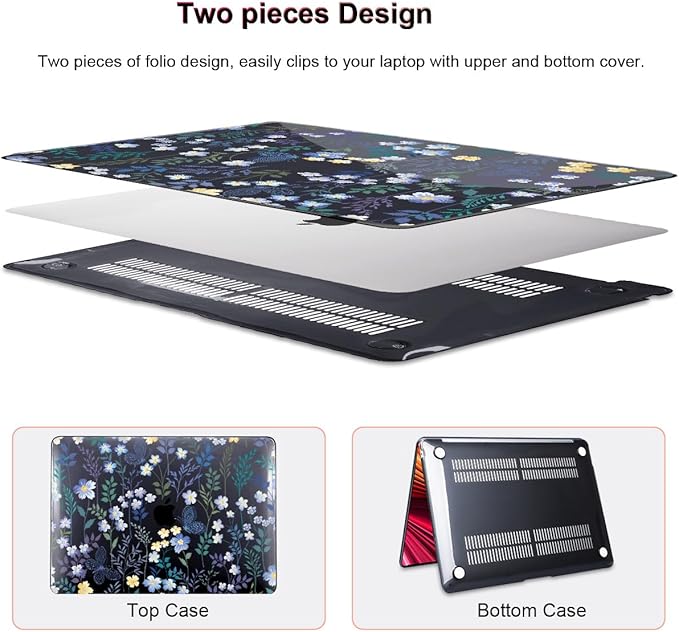 for M1 MacBook Air 13 Inch Case 2021 2020 2019 2018 Release M1 A2337 A2179 A1932 Cover with Retina Display & Touch ID, Printed Pattern Plastic Hard Shell Case, Meadow Wildflower Black