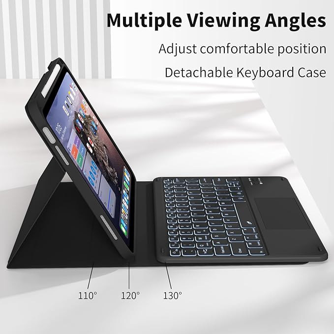 JKSML for iPad(A16) 11th/10th Generation Case with Keyboard (11/10.9 inch) 2025/2022, 7 Color Backlight Detachable Bluetooth Cover with Trackpad, Flip Stand Case Thin with Pencil Holder, Black