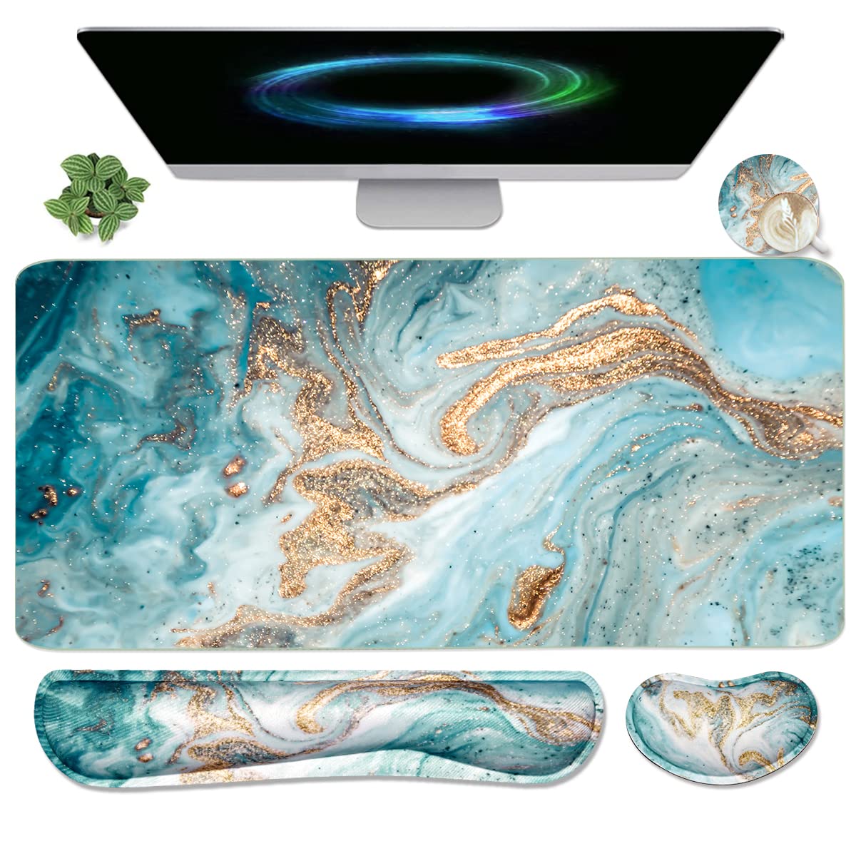 Keyboard Mouse Pad Set, Extended Mouse Pad+Keyboard Wrist Rest Support, Memory Foam Ergonomic Easy Typing, 3Pcs (35.4×15.7 in) Desk Pad Set for Home Office Study Game - Malachite Marble
