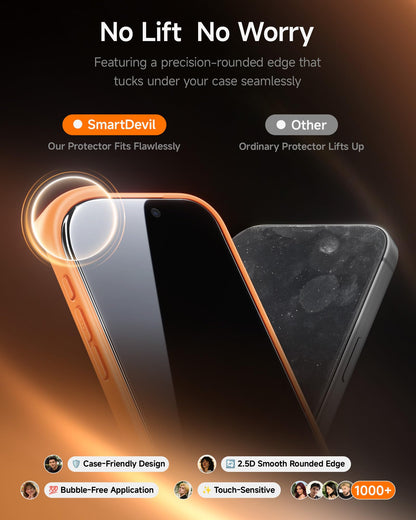 SMARTDEVIL 2 Pack for iPhone 16 Plus/iPhone 15 Plus Screen Protector, 9H Hardness Military Grade Shatterproof, HD Clear Tempered Glass with Auto Dust-Elimination, Bubble Free, Easy Installation