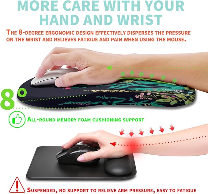 Kuosgm Ergonomic Mouse Pad Wrist Support with Memory Foam Massage Bulge, Carpal Tunnel Pain Relief Mousepad Wrist Rest for Mouse(12x8 inch, Midnight Floral)