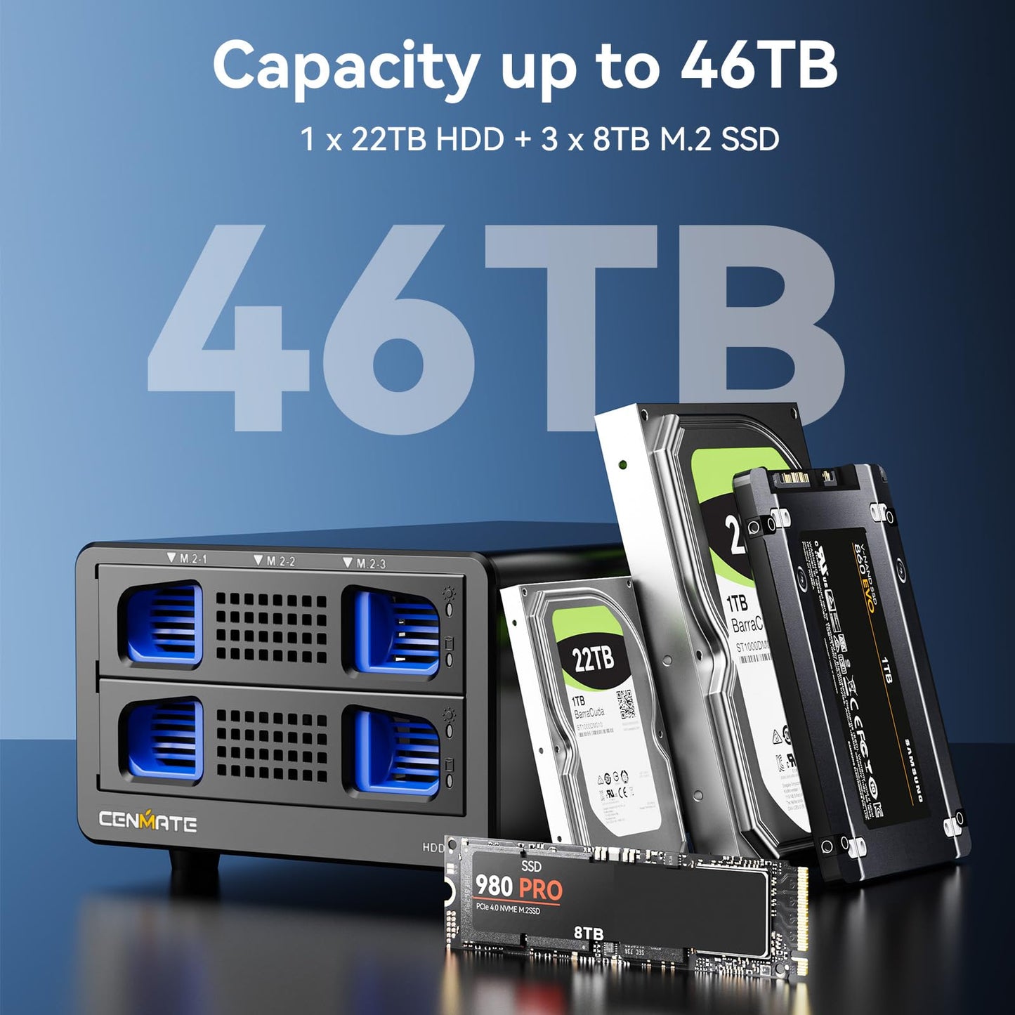 CENMATE Hybrid 2.5/3.5" SATA HDD/SSD+3* M / B+M Key M.2 NVMe Enclosure with Cooling Fan and USB A/C 3.2 Gen 2 (10Gbps), Hard Drive Enclosure Support 46TB(22TB HDD+3*8TB 2230/2242/2260/2280/22110 SSDs)