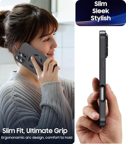Magnetic for iPhone 16 Pro Max Case [Compatible with MagSafe][Built-in Camera Lens Protector] Slim Soft Silicone Bumper Shockproof Metallic Luster Phone Case (Black)