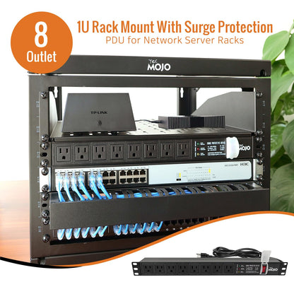 Tecmojo 1U Rack-Mount Horizontal 8-Outlet PDU, UL Listed PDU with Surge Protection LED Indicators 6ft Cord Power Distribution for IT and Network Server Racks