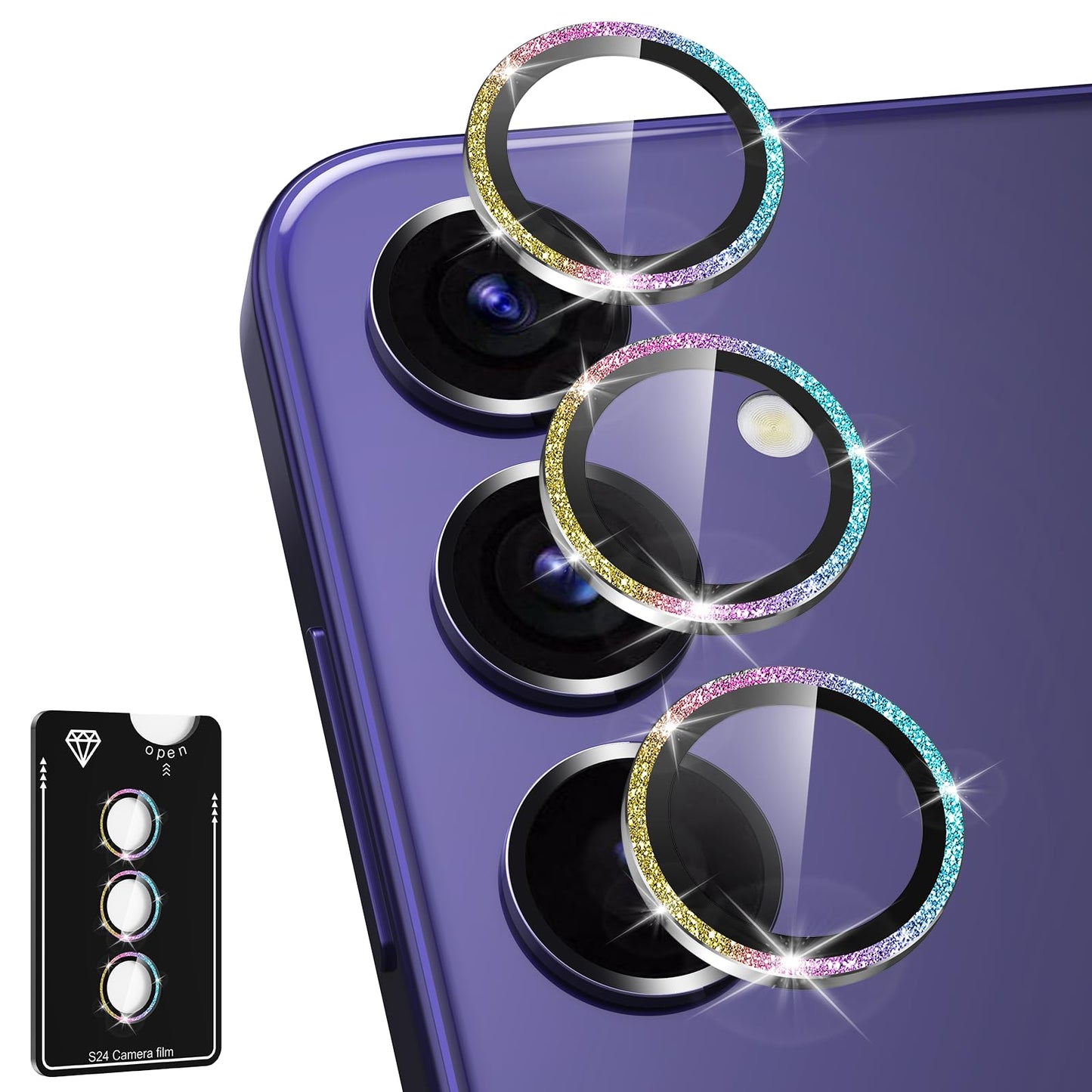 Avocase for Samsung Galaxy S24 Plus Camera Lens Protector, Individual Metal Ring Tempered Glass Lens Cover, [Strong Adsorption] Scratch Resistant Ultra-Thin HD Clear Lens Cover, 1 Set-Colorful Sparkly