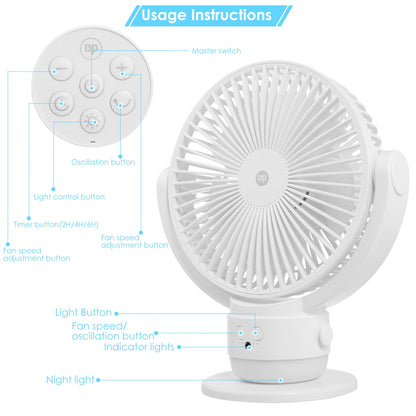 OGZ Portable Fan for Travel Wireless with Remote Timer, 7 Inch Small Desk Fan with LED Night Light 90° Oscillation, Rechargeable USB Fan for Cruise Bed Beside Sleeping Camping Tent