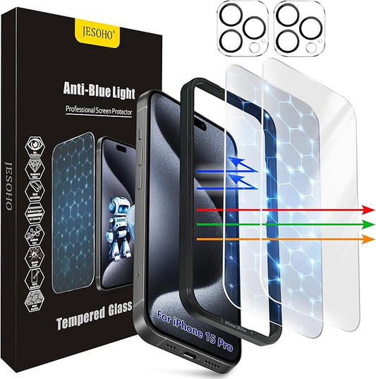 JESOHO Screen Protector for iPhone 15 Pro [6.1 Inch],2 pcs Colorless Anti-Blue Light Tempered Glass Films, HD Clear, 9H Hardness, No Bubbles, Case Friendly with 2 pcs Camera Lens Protector