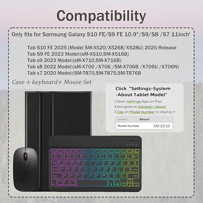 Keyboard Case for Samsung Galaxy Tab S10 FE / S9 FE 10.9 inch/Tab S9 / S8 / S7 11 inch - with 3 Color Backlit Mouse Detachable Keyboard Case