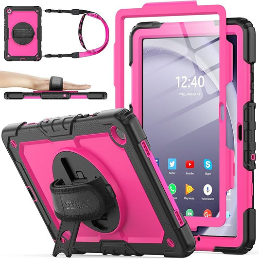 SEYMAC stock Case for Samsung Galaxy Tab A11+ Plus/A9+ Plus 11'', Full-Body Drop Protection Case with Screen Protector Pencil Holder [360° Rotating Hand Strap] &Stand, Pink+Black
