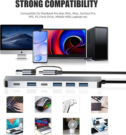 Aluminum 7 in 1 USB C Hub with USB 3.0,7 Ports with 2* USB-C and 5* USB-A, Ultra Slim Portable USB Splitter Adapter for Laptop, PS4, Flash Drive, HDD, Xbox, Printer, Mouse, Keyboard