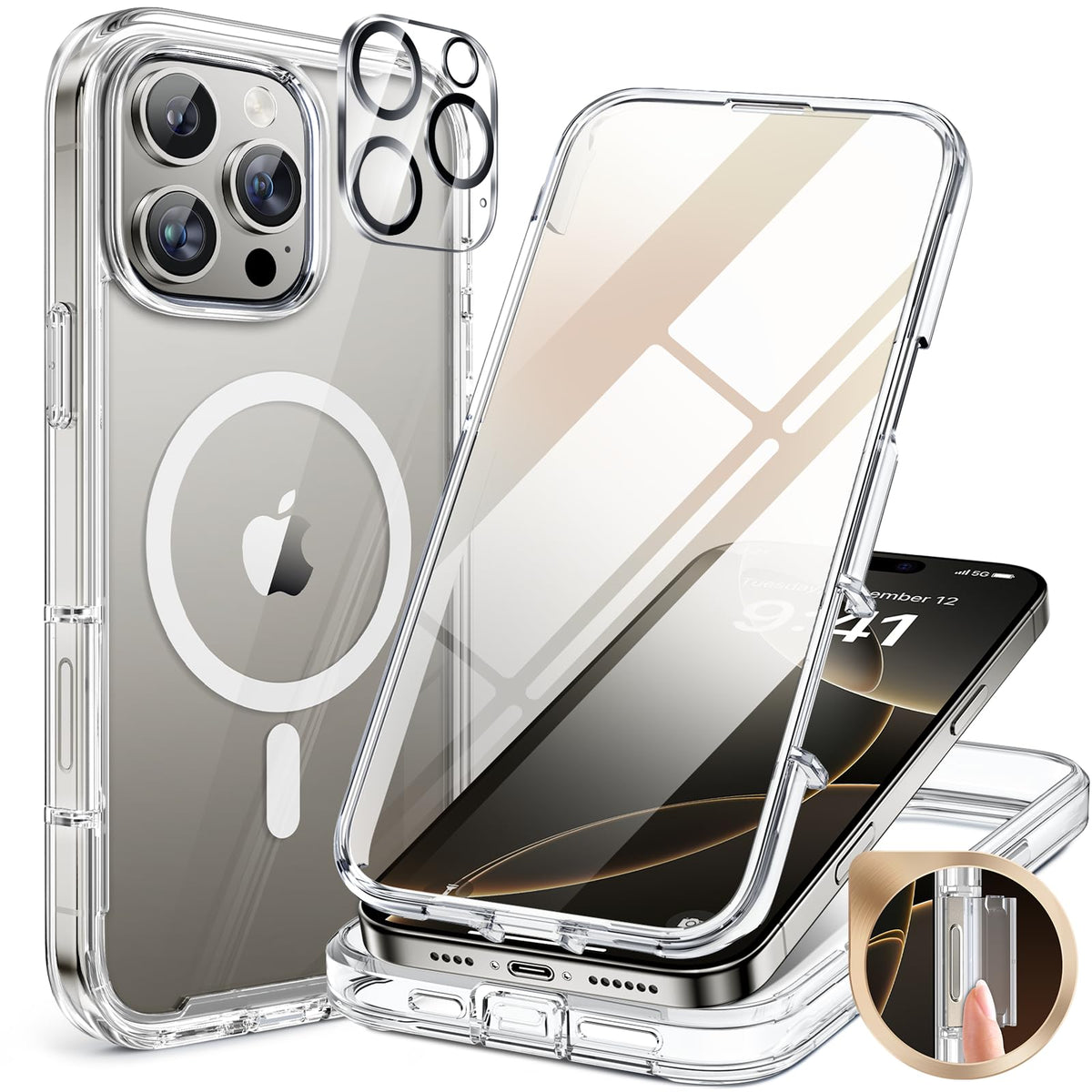 Miracase for iPhone 13 Case 6.1'',Full-Body Magnetic Clear Bumper Case with Built-in 9H Tempered Glass Screen Protector,Military Drop Protection Outdoor Phone Case — iPhone 16 Pro Max