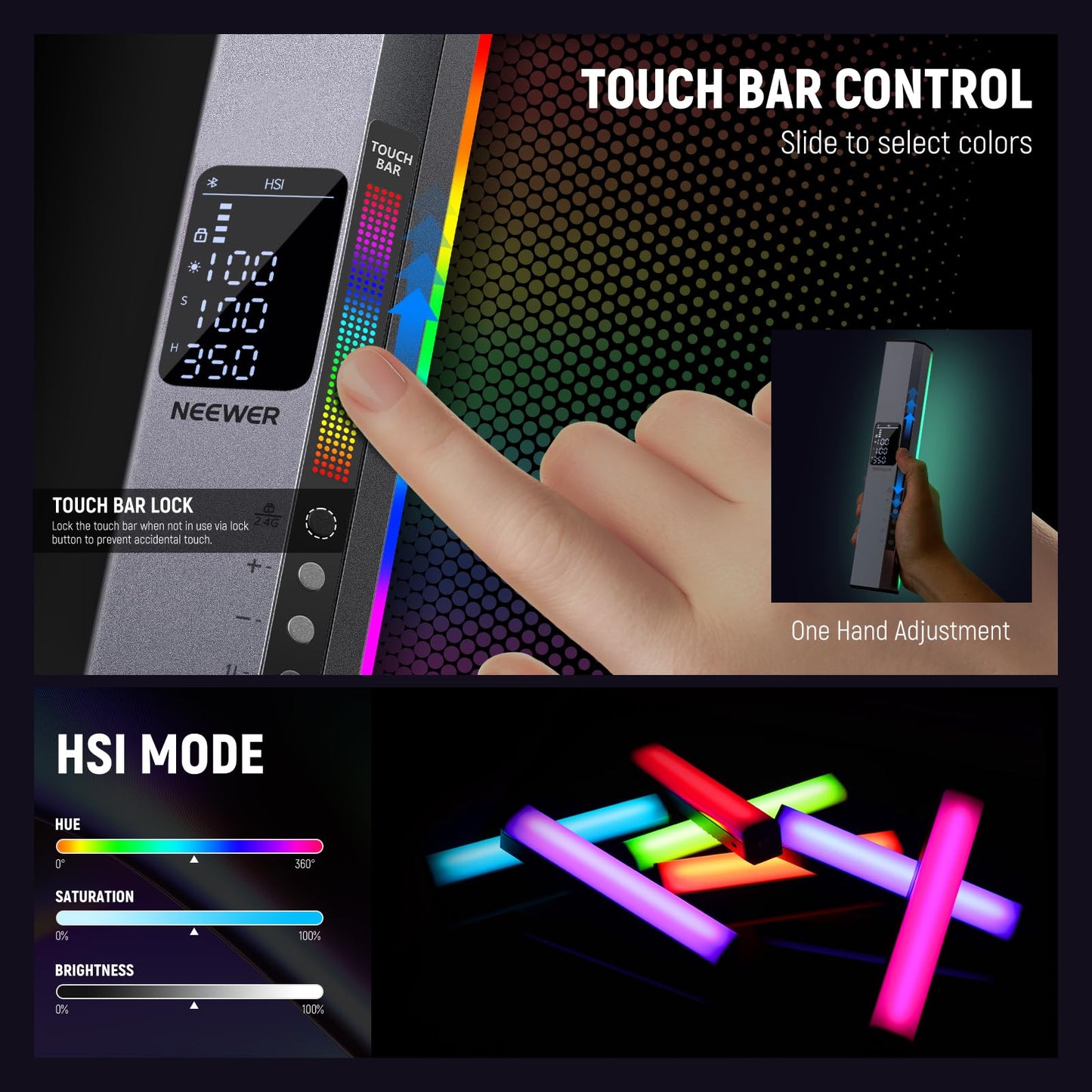 NEEWER RGB1 LED Tube Light Stick with Metal Barndoor, Handle, Touch Bar/APP Control, Magnetic Handheld RGB Video Light, 3200K-5600K CRI98+ Dimmable Photography Lighting with 6400mAh Battery, 17 Scenes