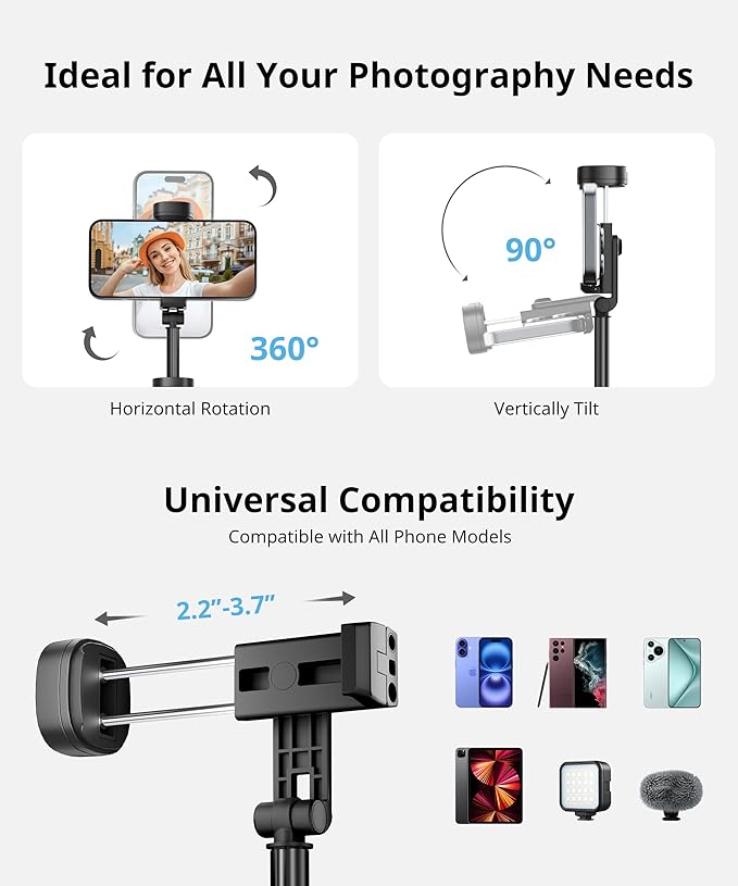 Selfie Stick Travel Tripod for iPhone Wireless Remote for Selfies, Extendable Selfie Stick for iPhone, iPhoneTripod for Video Recording, 60 inch, Black