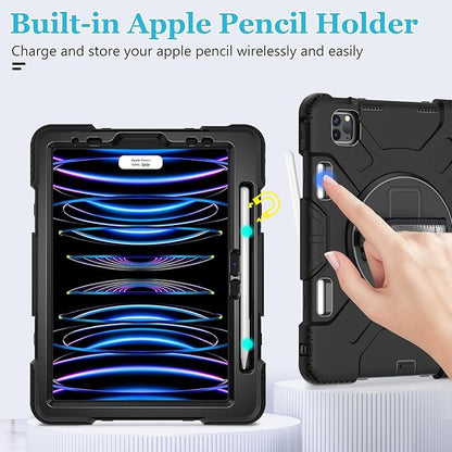 Case for iPad Pro 11 Inch (2022/2021/ 2020/2018): Silicone Cover for iPad 11 (4th/ 3rd/ 2nd/ 1st) Generation with Screen Protector- Stand- Handle- Shoulder Strap- Pencil Holder- Black