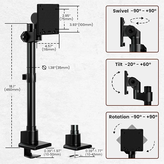 Monitor-Arm Ultrawide Heavy Duty 24-57'' - Aluminum Single Monitor Mount Holds up to 59.4lbs, Adjustable Desk Mount Stand, VESA75/100/200mm, Black