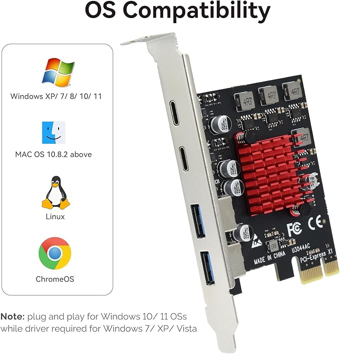 ELUTENG 4 Ports USB 3.1 PCIE Expansion Card (2 USB-A & 2 Type-C Ports) Superspeed PCI Express Expansion Card USB Card for Desktop PC Support Windows 11/10/8/7/XP/Vista, Self-Powered Supply