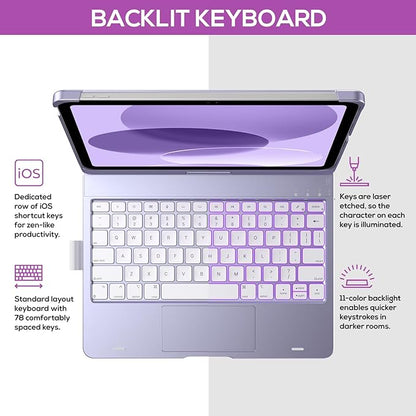 typecase Touch iPad 10th Generation Case with Keyboard (10.9", 2022) and iPad A16 (11th Gen, 2025) – 360° Rotatable, 11-Color Backlit, Multi-Touch Trackpad, Thin & Light (Light Purple)