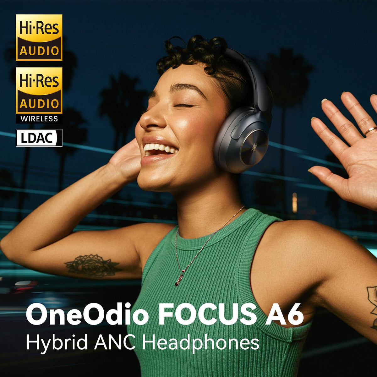 OneOdio Focus A6 Hybrid Active Noise Cancelling Headphones, 75H Playtime, LDAC Hi-Res Lossless Audio, Bluetooth 6.0, Dual Mic ENC Call, Support Wired ANC via USB-C, Wireless Over Ear Headphones