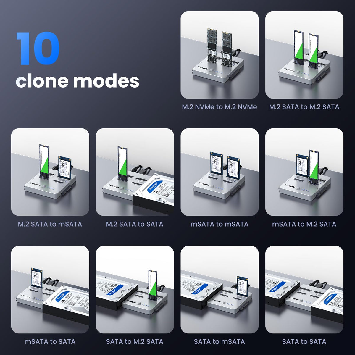 Coolpie 4-in-1 SSD Cloner, Supports M.2 NVMe/SATA 4 Mode (Silver)