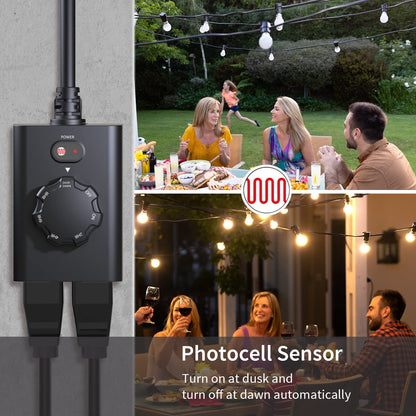 Minoston Outdoor Timer 2 Pack, Dusk to Dawn Outlet With 2 Grounded Outlets, 2-8 Hour Settings for Halloween Christmas Lights, ETL Listed (MP41T)
