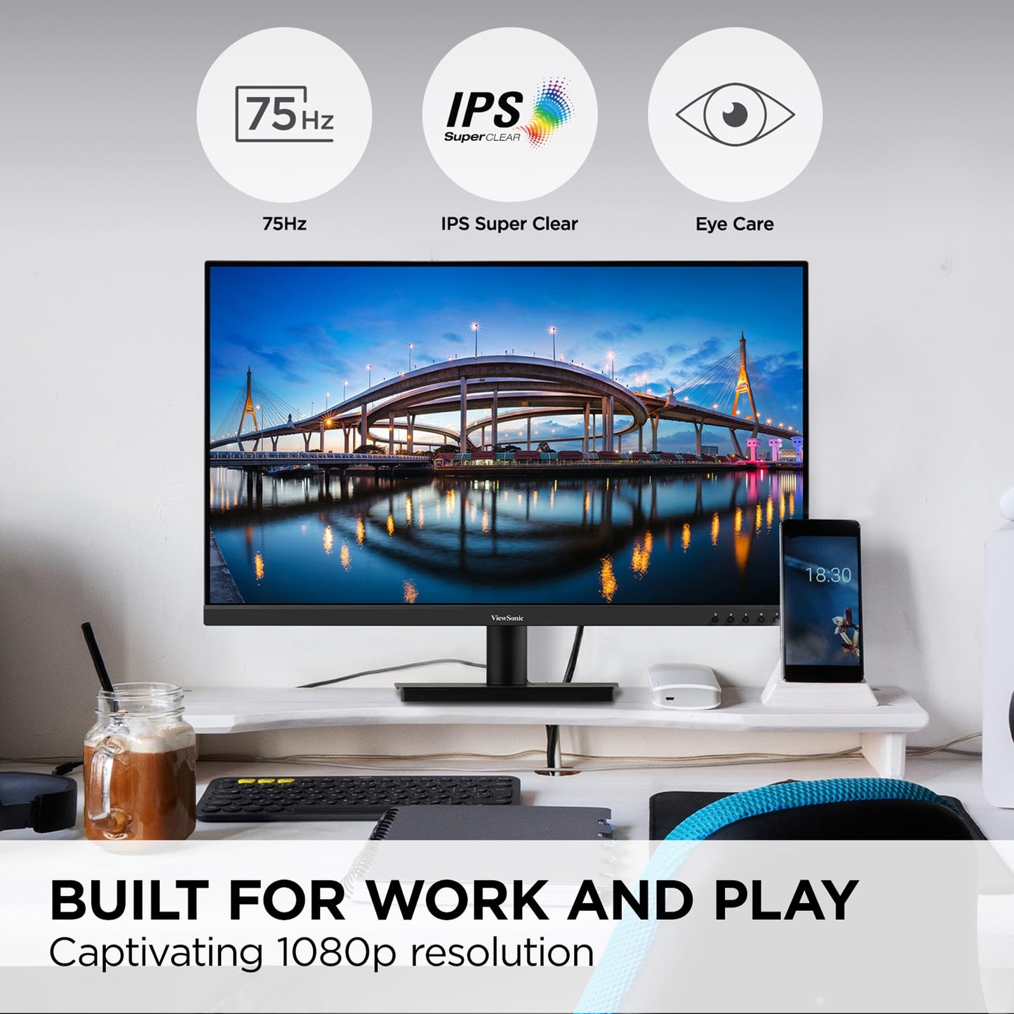 ViewSonic 32 Inch FHD 1080p IPS Computer Monitor, 75Hz Frameless Desktop Monitor with Built-in Speakers, Flicker-Free, Front Controls, HDMI and VGA for Home Office Productivity