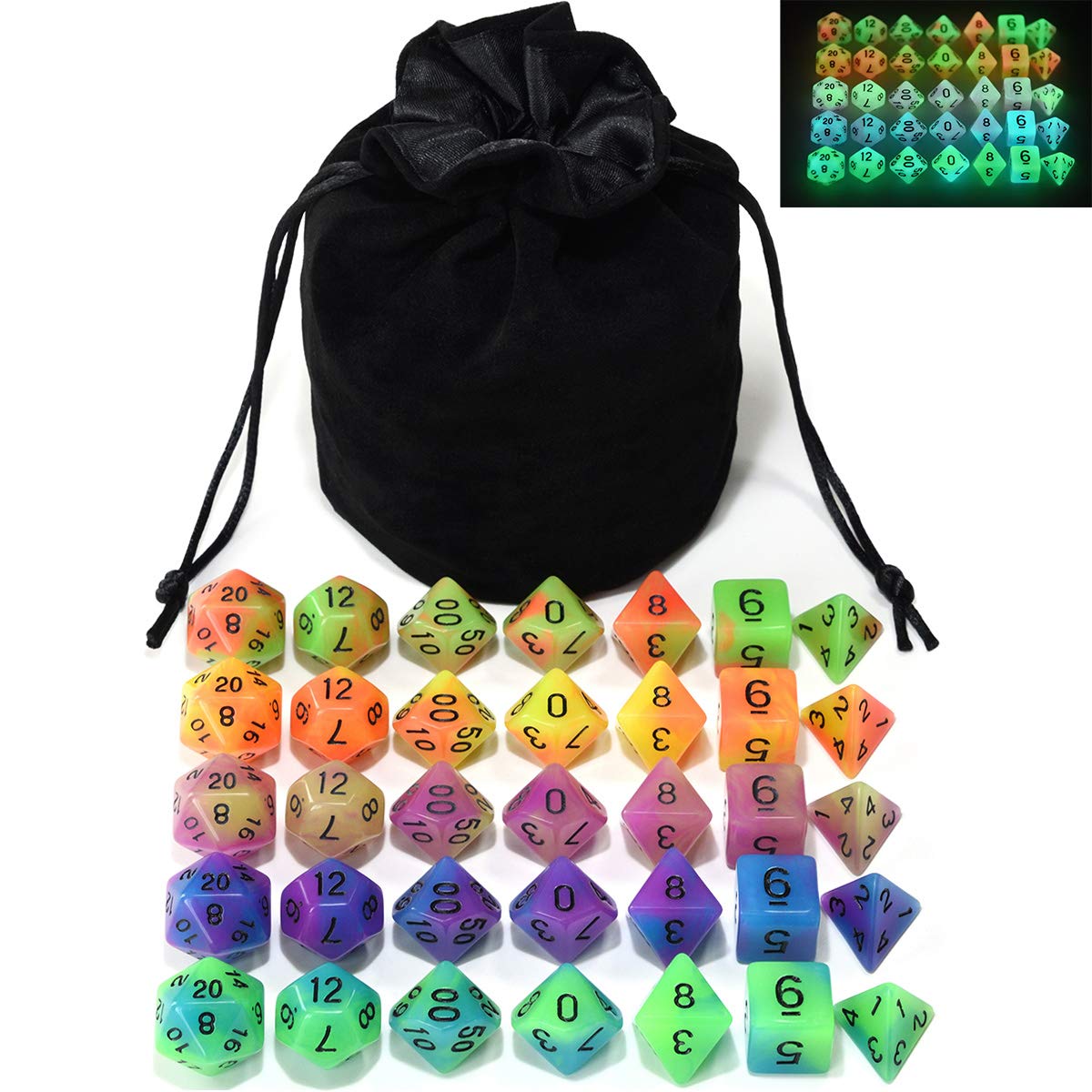 5 Sets New Black Polyhedral Dice with Satin-Lined Velvet Bag for Dungeons and Dragons DND RPG MTG D20 D12 D10 D8 D6 D4
