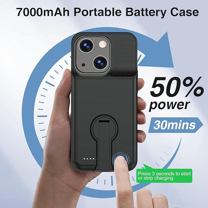 Battery Case for iPhone 15/15 Pro, Charging Case with Stand 7000mAh Rechargeable Ultra-Slim Anti-Fall Protection Extended Battery Pack Charger Cover for iPhone 15/15 Pro Battery Case 6.1" Black