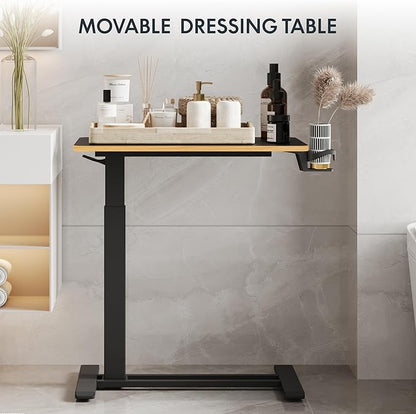 FLEXISPOT Mobile Standing Desk with Wheels Pneumatic Laptop Desk Rolling Computer Cart Movable Height Adjustable Small Sit Stand Desk Computer Workstations Home Use（31.5" W x 17.7" D, Black+Maple