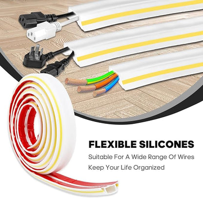 10ft Large White Floor Cord Cover, Self-2" (W) x 0.6"(H), Cable Cavity:0.8"(W) x 0.4"(H), Adhesive Power Cable Protector, Silicone Cord Protector, Cord Management, Cord Concealer and Cable Hider