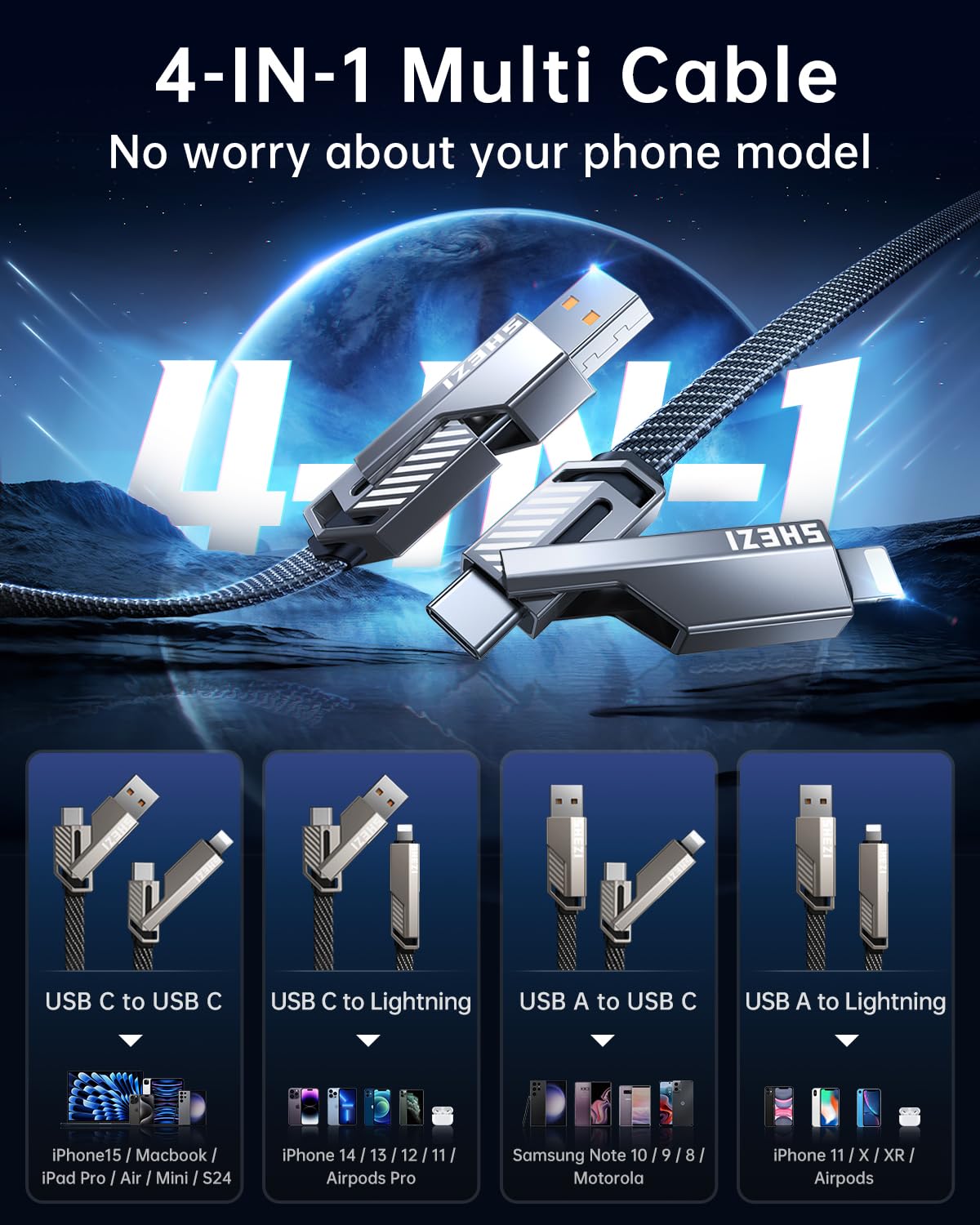 Vexipia 4-in-1 Long USB C Cable 100W 10FT Compatible with Lightning Cable
