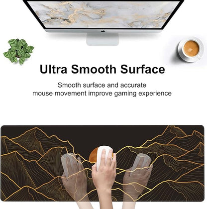 Golden Mountain and Moon Desk Mat,Large Luxury Gold Line Art Gaming Keyboard Mouse Pad,Non-Slip Rubber Base Desk Pad Thick Stitched Edges Waterproof Mousepad Mouse Mat 31.5"x11.8"