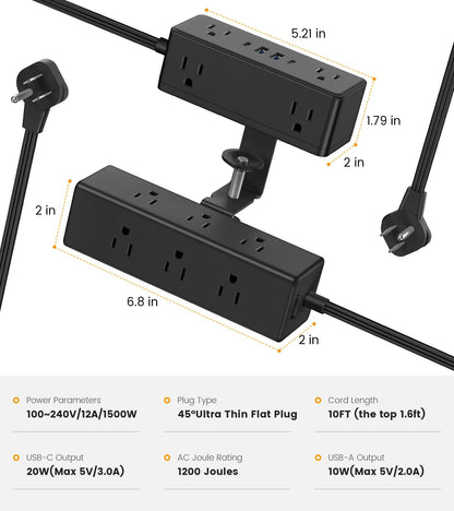 VILONG Dual Layer Desk Clamp Power Strip, 13 Outlets, 20W USB-C, 10FT Cord