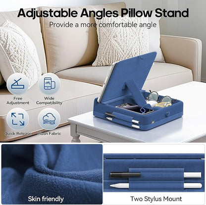 KDD Tablet Pillow Stand with Storage, Foldable iPad Holder for Lap, Desk and Bed, Angle Adjustable Soft Pad Dock with Stylus Mount Compatible with iPad Pro, Air, mini, Book, Phone and Tablet (4-13")
