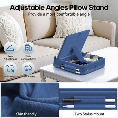 KDD Tablet Pillow Stand with Storage, Foldable iPad Holder for Lap, Desk and Bed, Angle Adjustable Soft Pad Dock with Stylus Mount Compatible with iPad Pro, Air, mini, Book, Phone and Tablet (4-13")