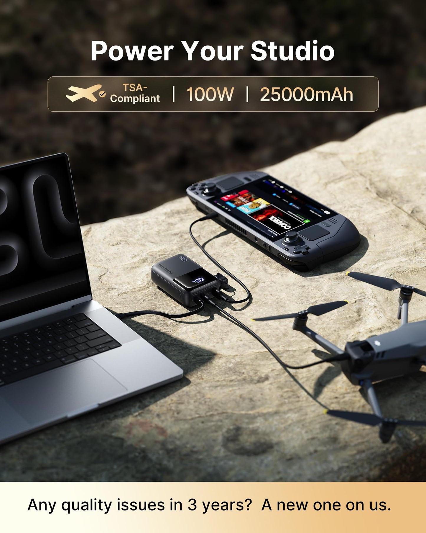 INIU 100W Fast Charging Power Bank, Smallest 25000mAh High Capacity Laptop Portable Charger, 3-Port Battery Phone Pack with Detachable USB C Cable for Flight-Safe iPhone MacBook Dell Steam Deck etc