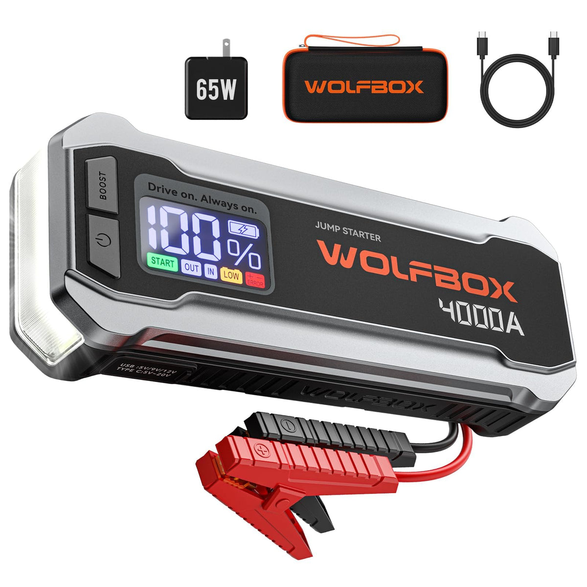 WOLFBOX 3000A Jump Starter,12V Car Battery Jump Starter with 65W Fast Charging, LED Display,59.2Wh Portable Jump Starter Battery Pack(8L Gas 6L Diesel Engine) with Booster,LED Light,Jumper Cables