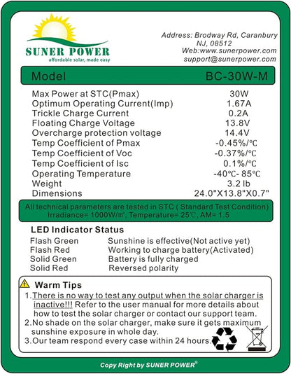 SUNER POWER 30W 12V Solar Battery Charger Maintainer, Built-in Smart MPPT Charge Controller, Adjustable Mount Bracket, Waterproof 30 Watt Solar Panel Kits for Car Automotive Boat Marine RV Trailer