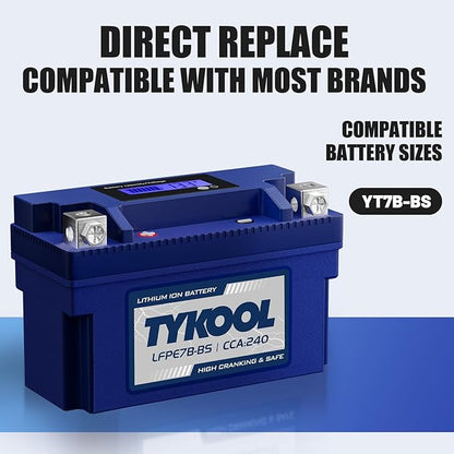 YT7B-BS 12V 4Ah 240CCA LiFePO4 Motorcycle Battery, Built in BMS, for Honda KTM Yamaha Harely, Lithium Ion Battery Fit Lawn Mower, Jet Ski, Motorboat，ATV, UTV, Scooter,Snowmobile