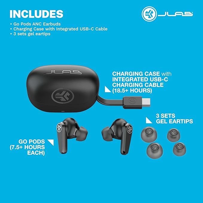 JLab Go Pods ANC, True Wireless Earbuds, Active Noise Cancelling, Bluetooth, Black