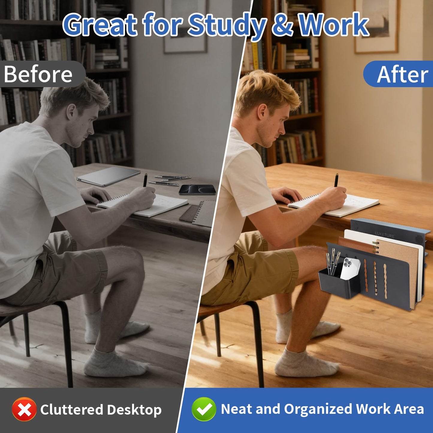 LUKETURE 2 Tier Desk Side Storage, No Drill Laptop Mount with Pen Holder