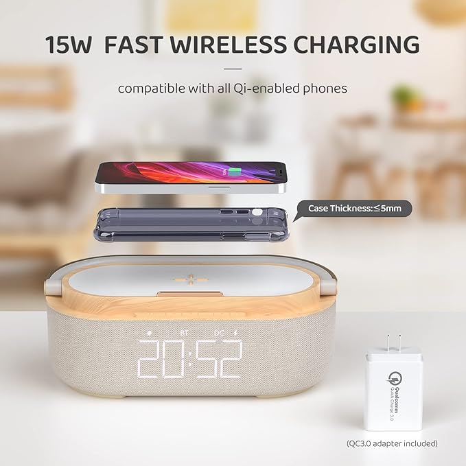 Bluetooth Speaker Alarm Clock with Wireless Charger, FM Radio, Adjustable LED Night Light, 6 in 1 Bedroom Portable Speaker 2500mAh, Phone Stand for Bedside, Home, Office, Gift