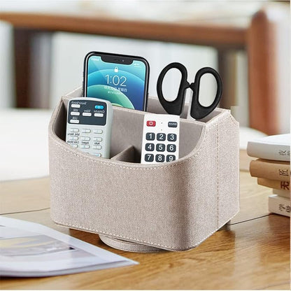 Fanousy 360° Rotating Remote Control Holder, PU Leather TV Remote Caddy Organizer Basket Storage Box with 5 Compartments for Pen, Pencil, Art Supplies, Makeup Brush, Office Desk Table Accessories