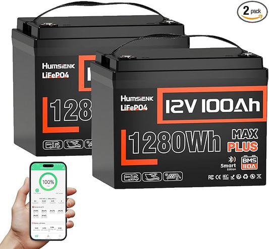 2 PCS 12V 100Ah LiFePO4 Lithium Battery MAX PLUS, Built-in 110A BMS & Bluetooth 5.0, 15000+ Deep Cycles Lithium Batteries, Max. 1280Wh, 10-Year Lifespan for RV, Marine