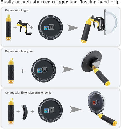 Dome Port for GoPro Hero 9 10 11 12 13 Black- Underwater Waterproof Dome Port Housing Case + Floating Hand Grip + Trigger Accessories for GoPro Action Cameras