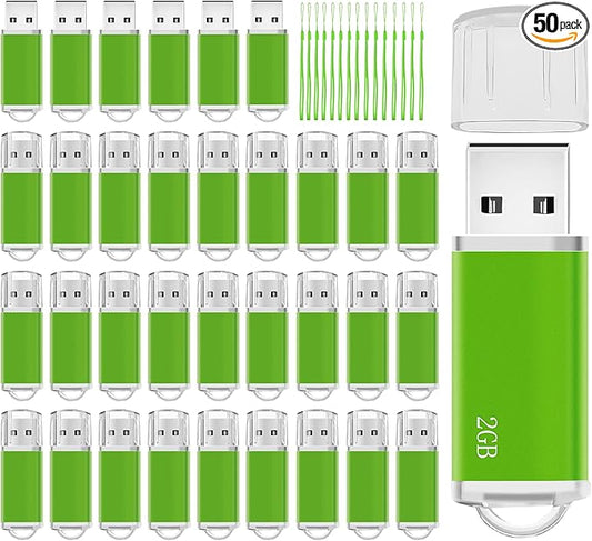 Memorias USB 2GB Flash Drive 50 Pack, USB 2.0 Thumb Drives Bulk Memory Sticks 2GB Fat USB Flash Drives Bulk Jump Drives Multipack Pack of 50 with Lanyard(Green 50 Packs 2 GB)
