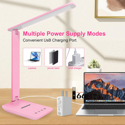 shinelife LED Desk Lamp for Office Home, Bright Desk Light with USB Charging Port, Adjustable Dimmable Desk Lamps 5 Modes 5 Brightness, Touch Study Lamp for Nail, Craft, Puzzle, Sewing, Study, Pink