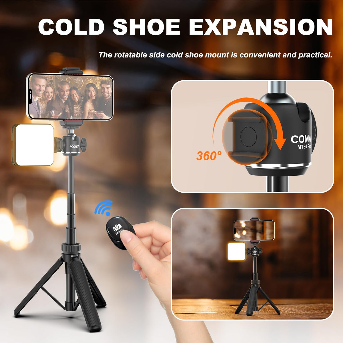 COMAN Selfie Stick for iPhone, 24" Phone Tripod with Remote 360° Ball Head, Portable Stand for Cell Phone iPhone 17/16/15/14/13/12 Pro Max/Android Gopro