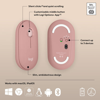 Logitech M350s Pebble 2 Bluetooth Wireless Mouse - Tonal Rose